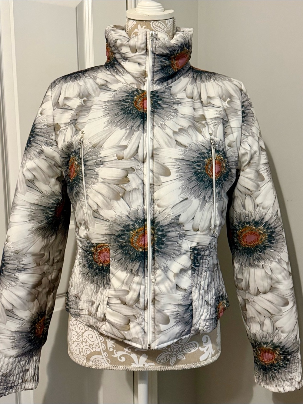 White Daisy-Print Quilted Puffer Jacket